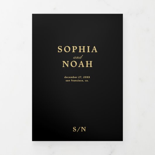 Elegant zwart goud bloemenbruiloft RSVP details Drieluik Uitnodiging (Cover)