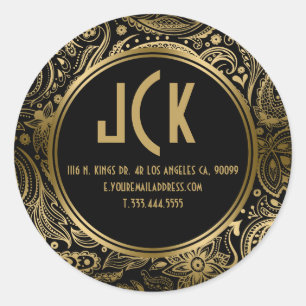 Elegant zwart & goud bloemig paisley patroon ronde sticker