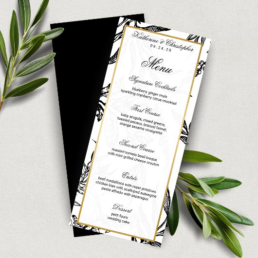Elegant Zwart Goud Botanisch Wedding Menu