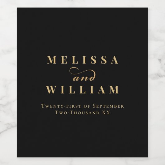 Elegant zwart goud bruid & bruidegom bruiloft wijn etiket (Enkel label)