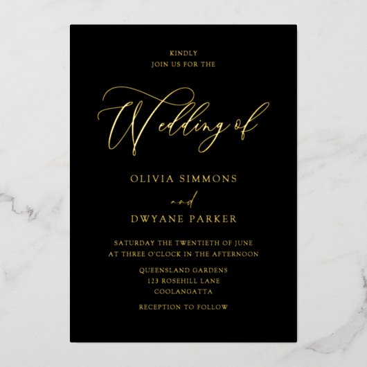 Elegant Zwart & Goud bruiloft Gouden Folie Uitnodiging (Voorkant)