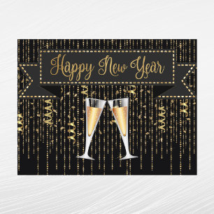 Elegant Zwart Goud Champagne Nieuwjaar Feestdagenkaart