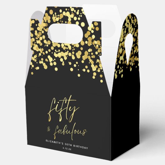 Elegant Zwart Goud Confetti Fifty en Fabulous Bedankdoosjes (Geopend)