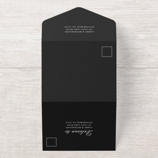 Elegant Zwart Goud Confetti Stippen Fotobruiloft All In One Uitnodiging (Buiten)