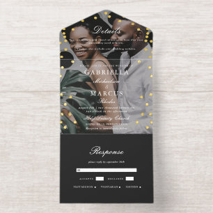 Elegant Zwart Goud Confetti Stippen Fotobruiloft All In One Uitnodiging