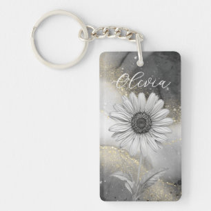 Elegant Zwart & Goud Daisy Custom Sleutelhanger