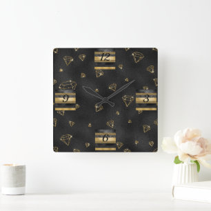 Elegant zwart & goud diamant ontwerp vierkante klok