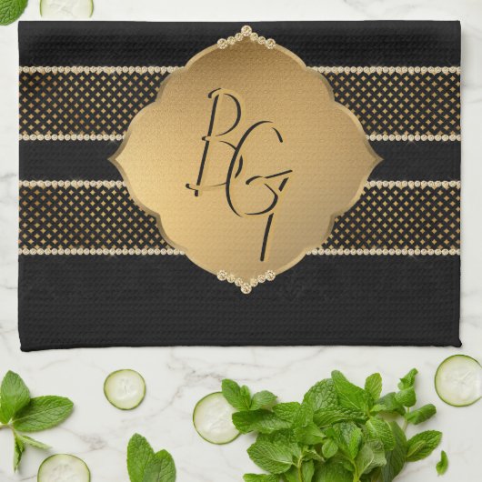 Elegant Zwart Goud Diamant Vorm Monogram Initialen Theedoek (Gevouwen)