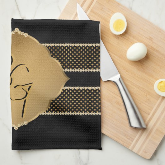 Elegant Zwart Goud Diamant Vorm Monogram Initialen Theedoek (Quarter Fold)