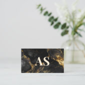 Elegant zwart goud faux glitter marmer monogram afsprakenkaartje (Staand voorkant)