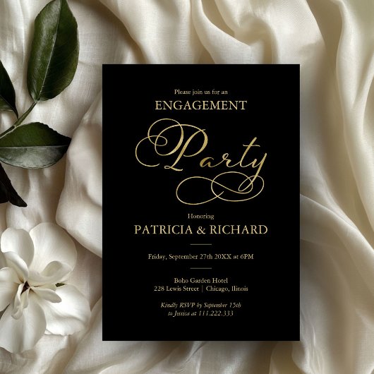 Elegant Zwart Goud Folie Script Engagement Party Kaart
