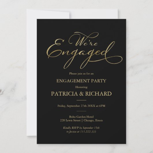 Elegant Zwart Goud Folie Script Engagement Party Kaart (Voorkant)