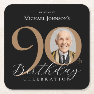 Elegant zwart goud foto 90ste verjaardagsfeest vierkante kartonnen onderzetter