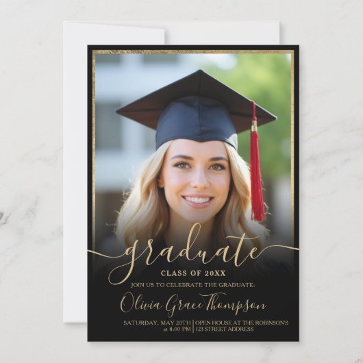 Elegant Zwart Goud Fotoscript Afstuderen Kaart (Voorkant)