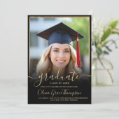 Elegant Zwart Goud Fotoscript Afstuderen Kaart (Staand voorkant)