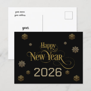 Elegant Zwart Goud Gelukkig Nieuwjaar 2026 sneeuwv Briefkaart