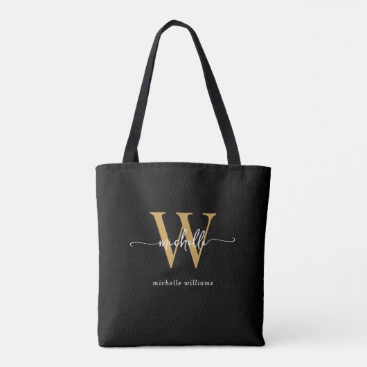 Elegant Zwart Goud Girly Script Monogram Draagtas (Achterkant)
