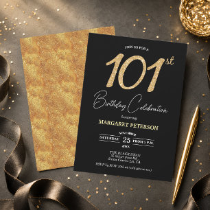 Elegant Zwart Goud Glitter 101ste Verjaardagsfeest Kaart