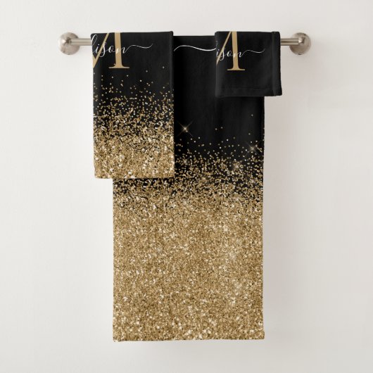 Elegant zwart goud glitter border monogram script bad handdoek (Insitu)