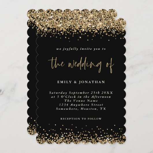 Elegant Zwart Goud Glitter Borders Bruiloft Kaart (Voorkant / Achterkant)