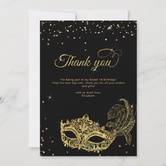 Elegant Zwart Goud Glitter Masquerade Bedankt (Voorkant)