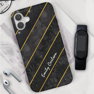 Elegant zwart goud glitterij geometrisch iPhone 16 hoesje