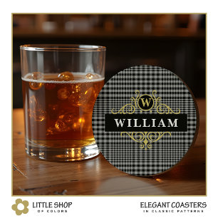 Elegant Zwart Goud Grijs Glen Plaid Monogram Ronde Kartonnen Onderzetter
