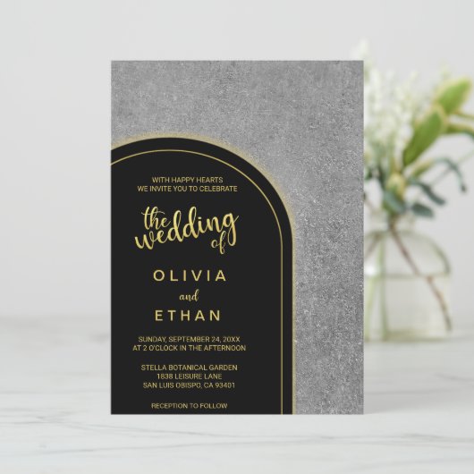 Elegant zwart goud grijs huwelijk uitnodiging (Staand voorkant)