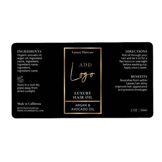 Elegant Zwart & Goud Haarolie Dropper Flessenetike Etiket (Voorkant)