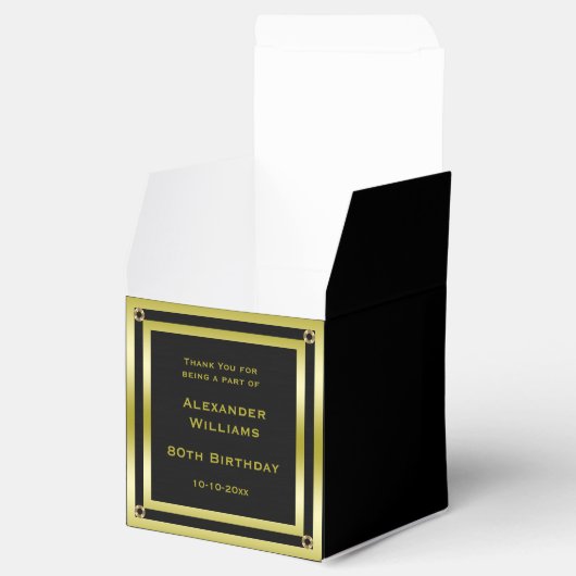Elegant Zwart & Goud Ingelijste 80ste Verjaardag Bedankdoosjes (Geopend)