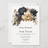 Elegant zwart goud ivoor pioen bloemenbruiloft kaart (Voorkant)