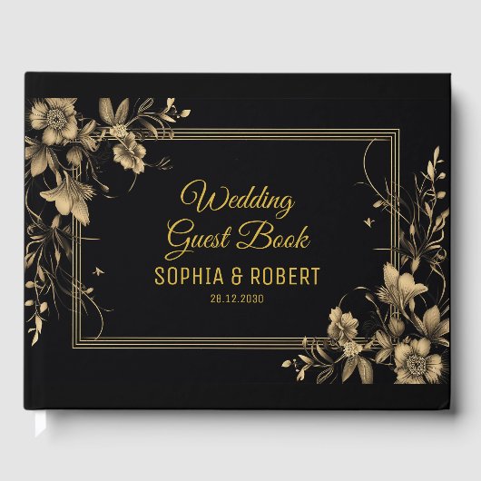Elegant zwart goud luxe script moderne bruiloft gastenboek (Voorkant)
