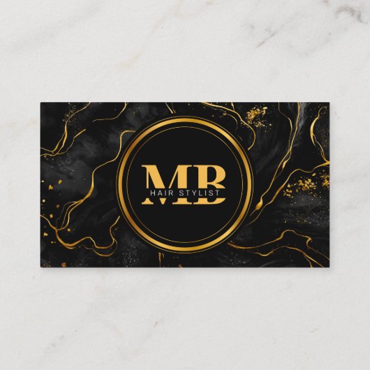 Elegant Zwart Goud Marmeren Initiaal Haar QR Code Visitekaartje (Achterkant)