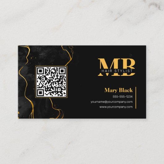 Elegant Zwart Goud Marmeren Initiaal Haar QR Code Visitekaartje (Voorkant)
