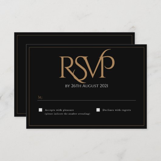 Elegant Zwart Goud Modern Script Monogram Bruiloft RSVP Kaartje (Voorkant / Achterkant)