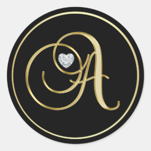 Elegant Zwart Goud Monogram Letter A Heart Diamond Ronde Sticker