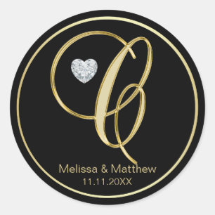 Elegant Zwart Goud Monogram Letter C Hart Diamant Ronde Sticker