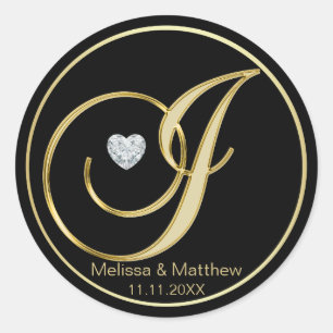 Elegant Zwart Goud Monogram Letter J Heart Diamond Ronde Sticker