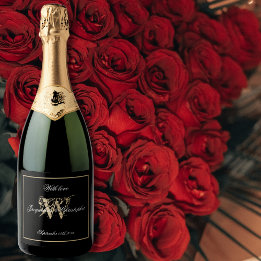 Elegant Zwart & Goud Monogram Script Chique Bruilo Sparkling Wijnetiket
