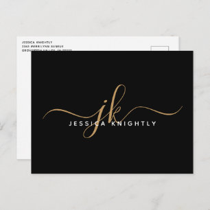 Elegant Zwart Goud Monogram Script Initialen Briefkaart