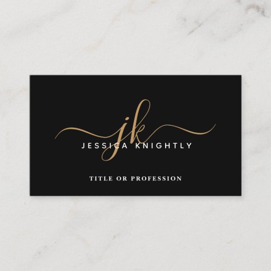 Elegant Zwart Goud Monogram Script Initialen Visitekaartje (Voorkant)