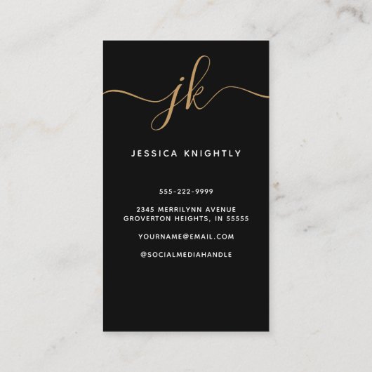 Elegant Zwart Goud Monogram Script Initialen Visitekaartje (Achterkant)