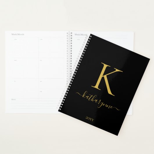 Elegant Zwart Goud Monogram Script Typografie Planner (Display)