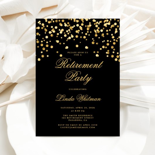 Elegant zwart & goud pensioenfeest kaart