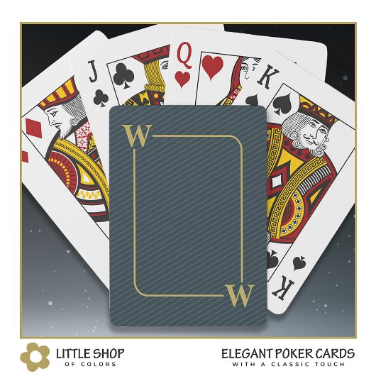 Elegant Zwart Goud Pinstripe Monogrammestempel Pokerkaarten