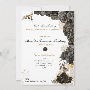 Elegant Zwart & Goud Quinceañera Bloemen Uitnodigi Kaart