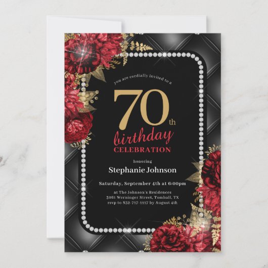 Elegant Zwart Goud Rood Bloemen 70ste Verjaardagsf Kaart (Voorkant)