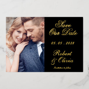 Elegant Zwart & Goud Save Our Date Foto Echt Folie Uitnodiging