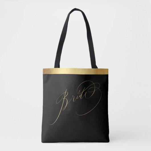 Elegant Zwart Goud Script Bruid Bruiloft Canvas ta Draagtas (Voorkant)