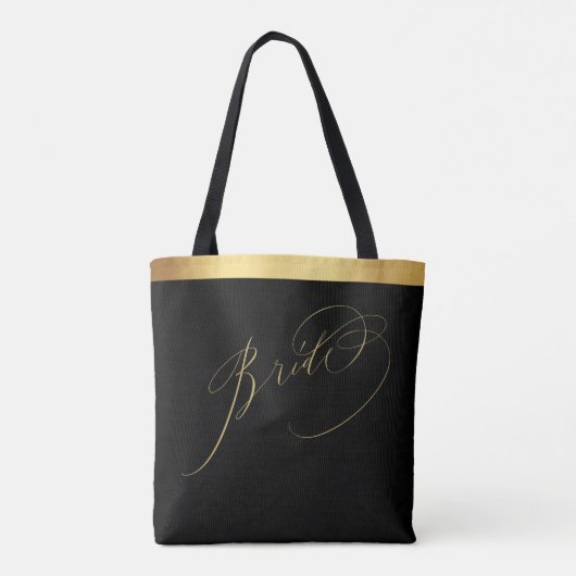 Elegant Zwart Goud Script Bruid Bruiloft Canvas ta Draagtas (Achterkant)
